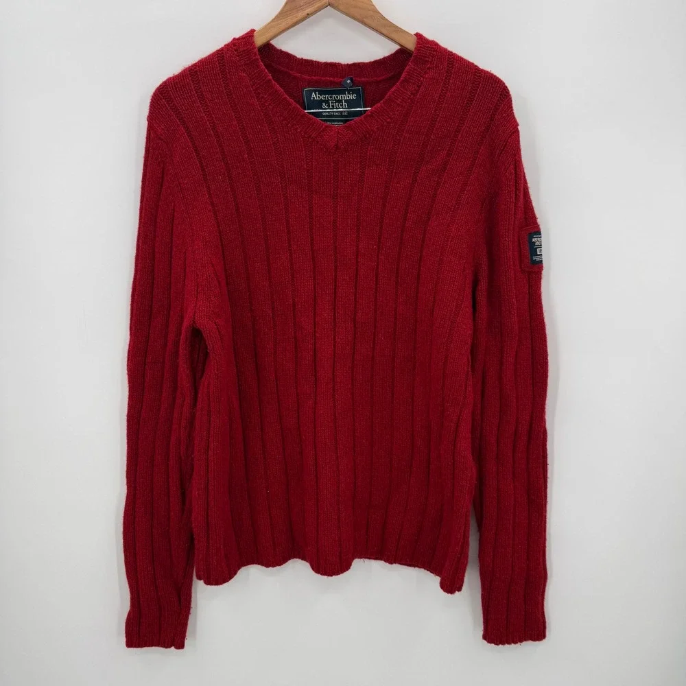VTG Abercrombie & Fitch Sweater Men XL Knit Lambswool‎ Blend Y2K Preppy Red